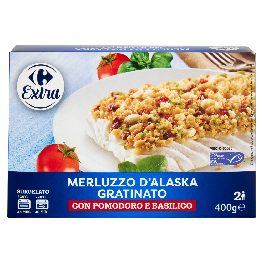 Carrefour Extra Merluzzo d'Alaska Gratinato con Pomodoro e Basilico Surgelato 400 g