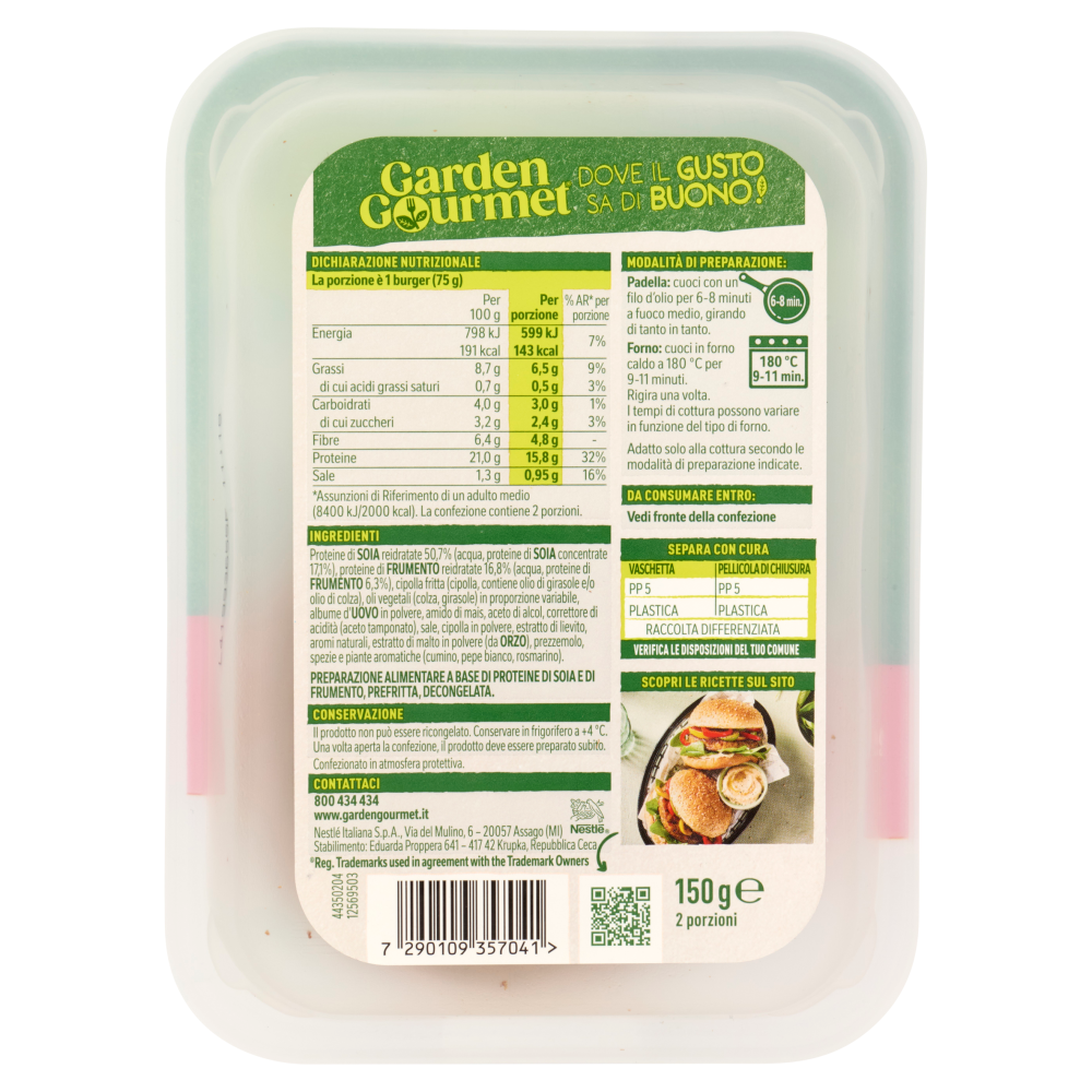 GARDEN GOURMET Burger Vegetariano di Soia 2 pezzi 150g