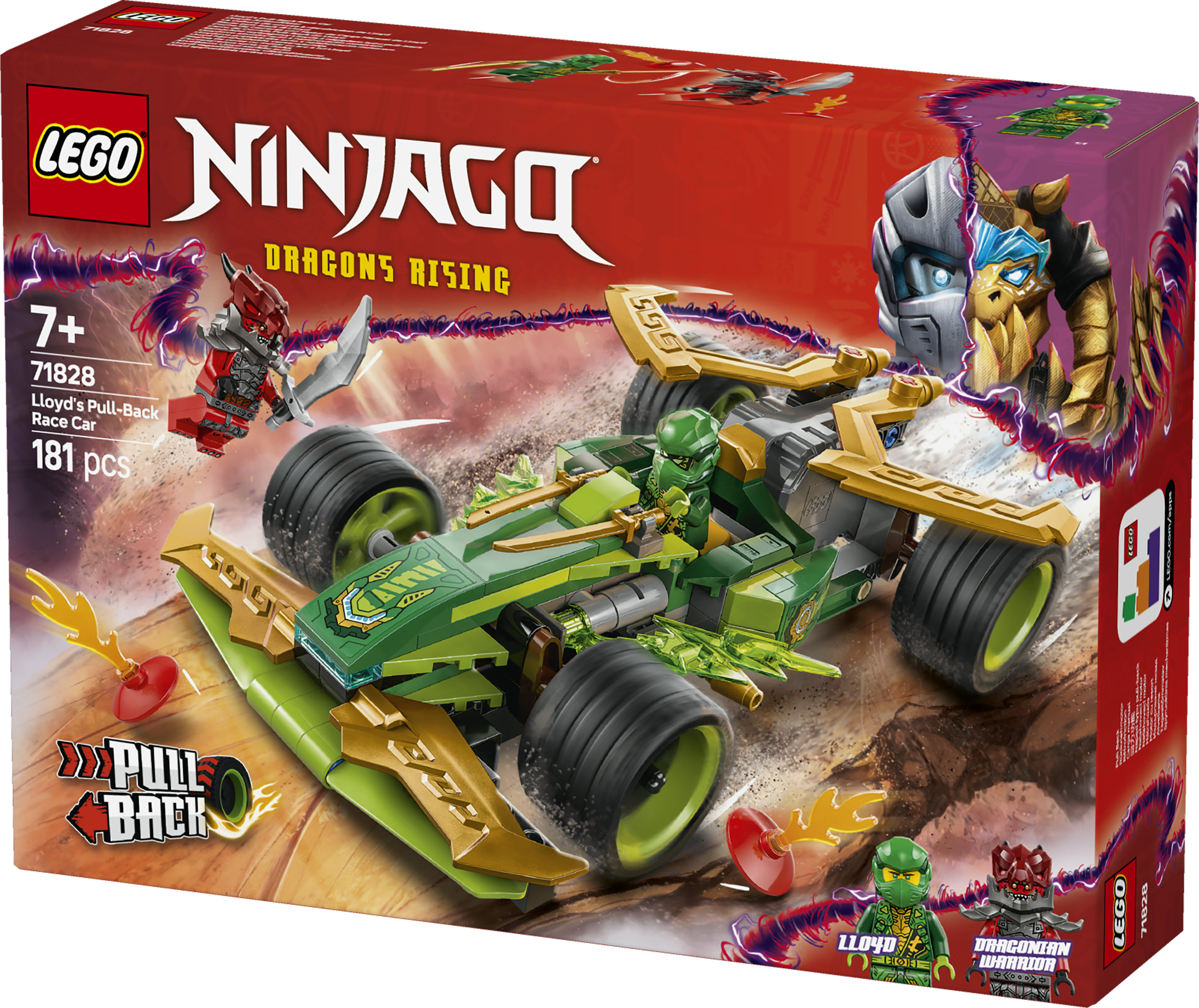 LEGO NINJAGO 71828 Racer Pull-Back di Lloyd - Modello di Auto da Corsa Giocattolo con 2 Minifigure e Armi, Giochi Bambini 7+