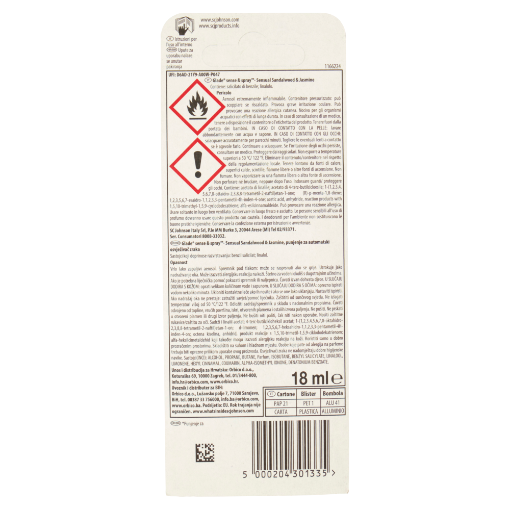 Glade Sense&Spray Ricarica, Profumatore per Ambienti, Sensual Sandalwood & Jasmine 18 ml