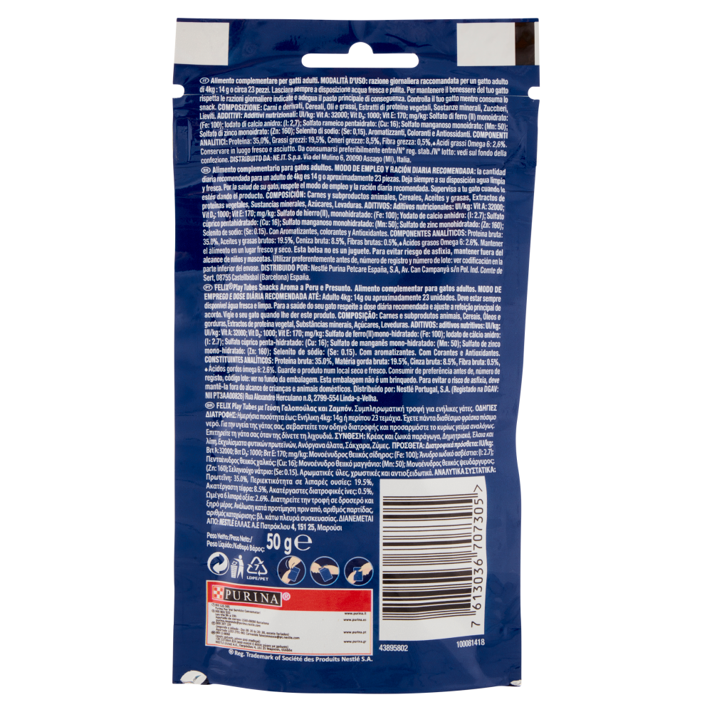 PURINA FELIX Playtubes Snack Gatto al Gusto di Tacchino e Prosciutto 50g