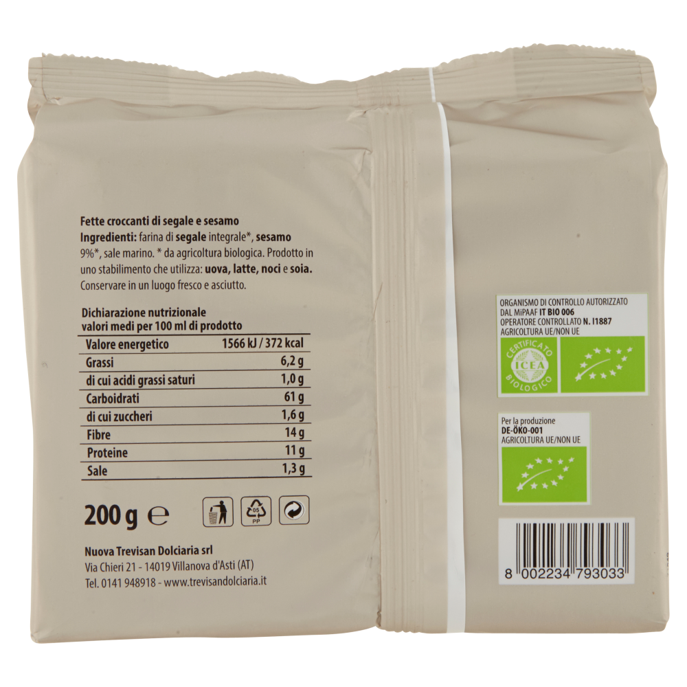 Trevisan Bio fettine di segale integrale con sesamo biologiche 200 g