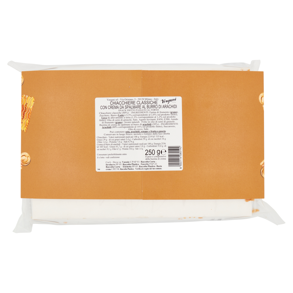 Vergani Chiacchiere Artigianali con Crema da Spalmare al Burro di arachidi 250 g