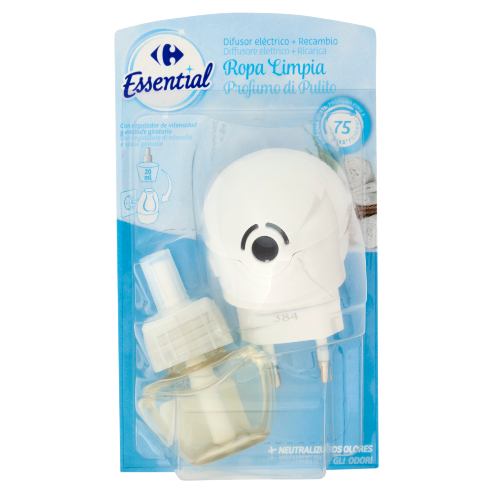 Carrefour Essential Diffusore elettrico + Ricarica Profumo di Pulito 20 ml