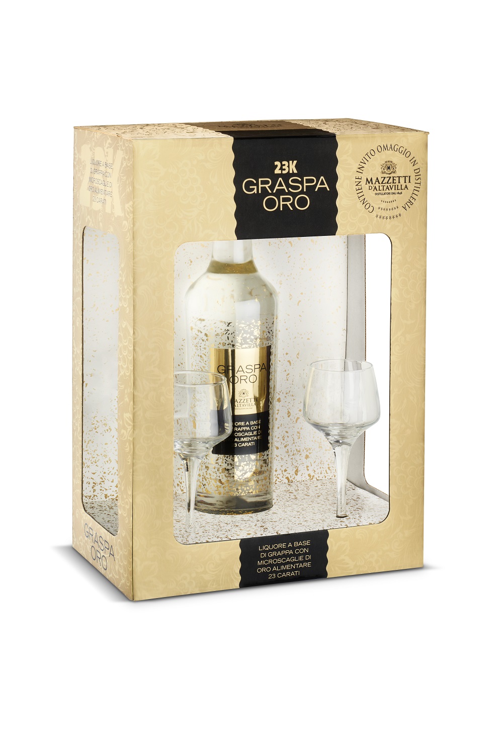 Cofanetto Graspa Oro, Liquore a Base di Grappa con Microscaglie di Oro Alimentare 23 Carati 30° 50 cl con 2 Calici da Degustazione