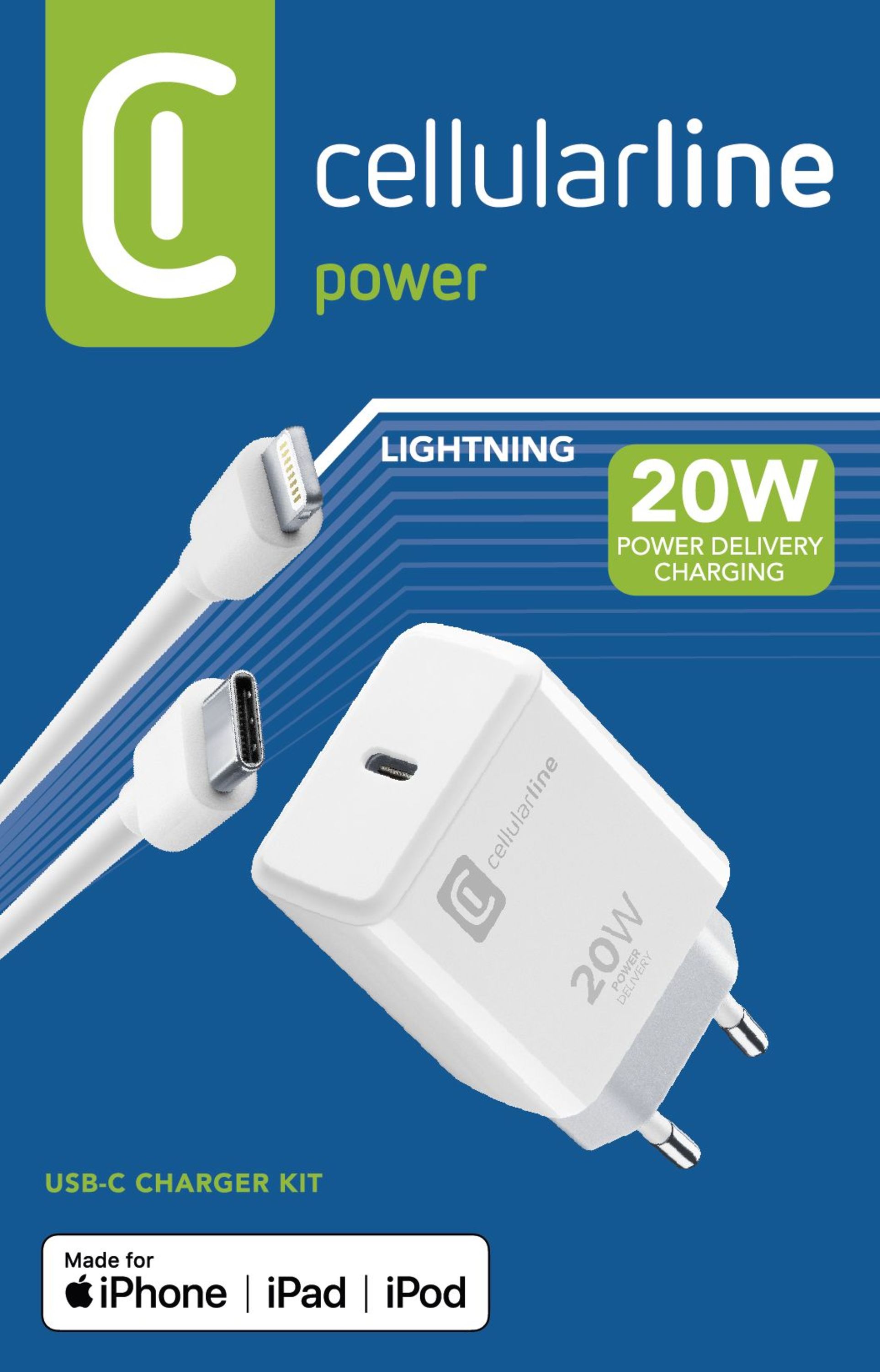 Cellularline USB-C Charger Kit 20W - USB-C to Lightning - iPhone 8 or later Caricabatterie da rete USB-C 20W per la carica alla massima velocit&agrave; di iPhone 8 e successivi con cavo USB-C to Lightning