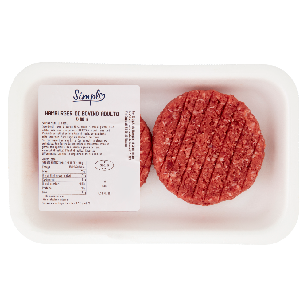 Simpl Hamburger di Bovino Adulto 0,400 kg