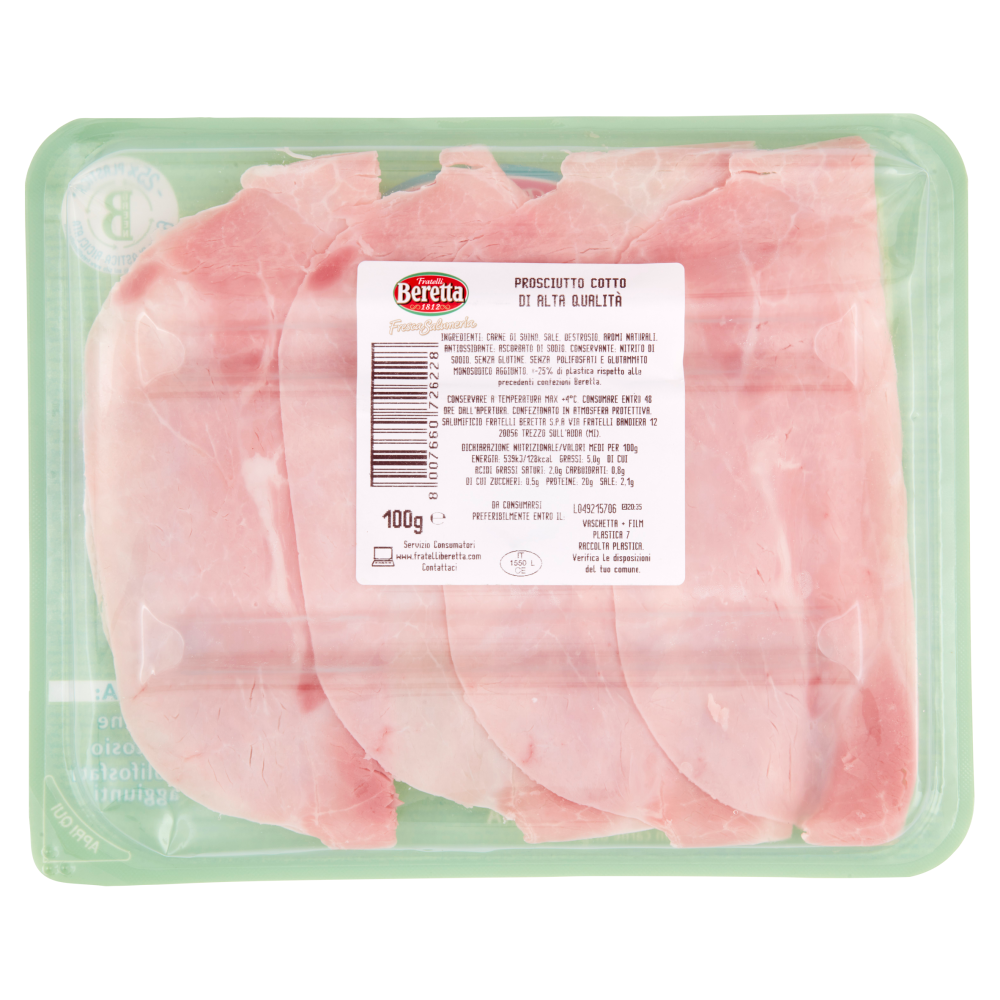 Fratelli Beretta Fresca Salumeria Prosciutto Cotto di Alta Qualità 100 g