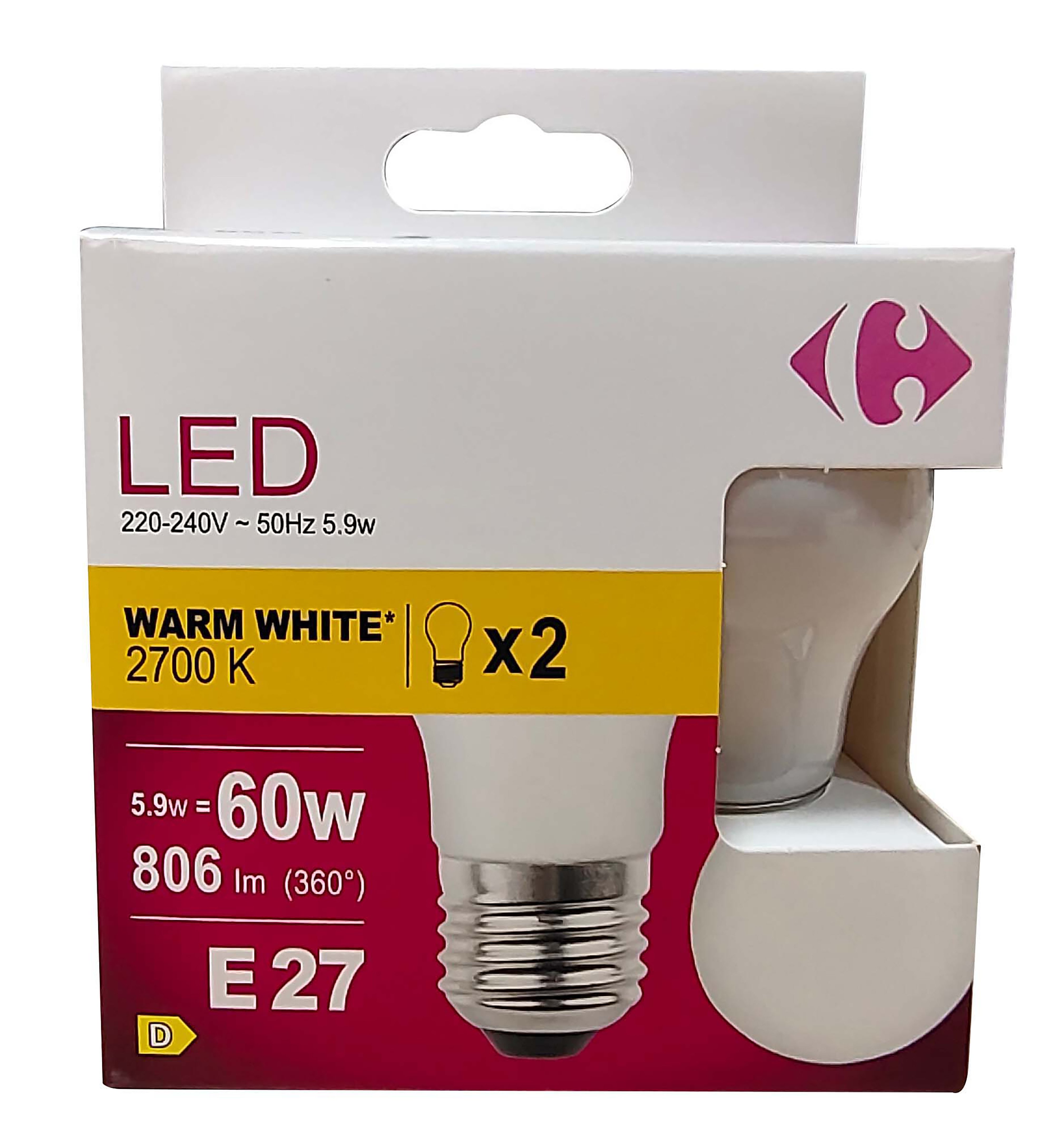 Carrefour 2 led sfer smerigliata 60W, attacco E27, luce calda