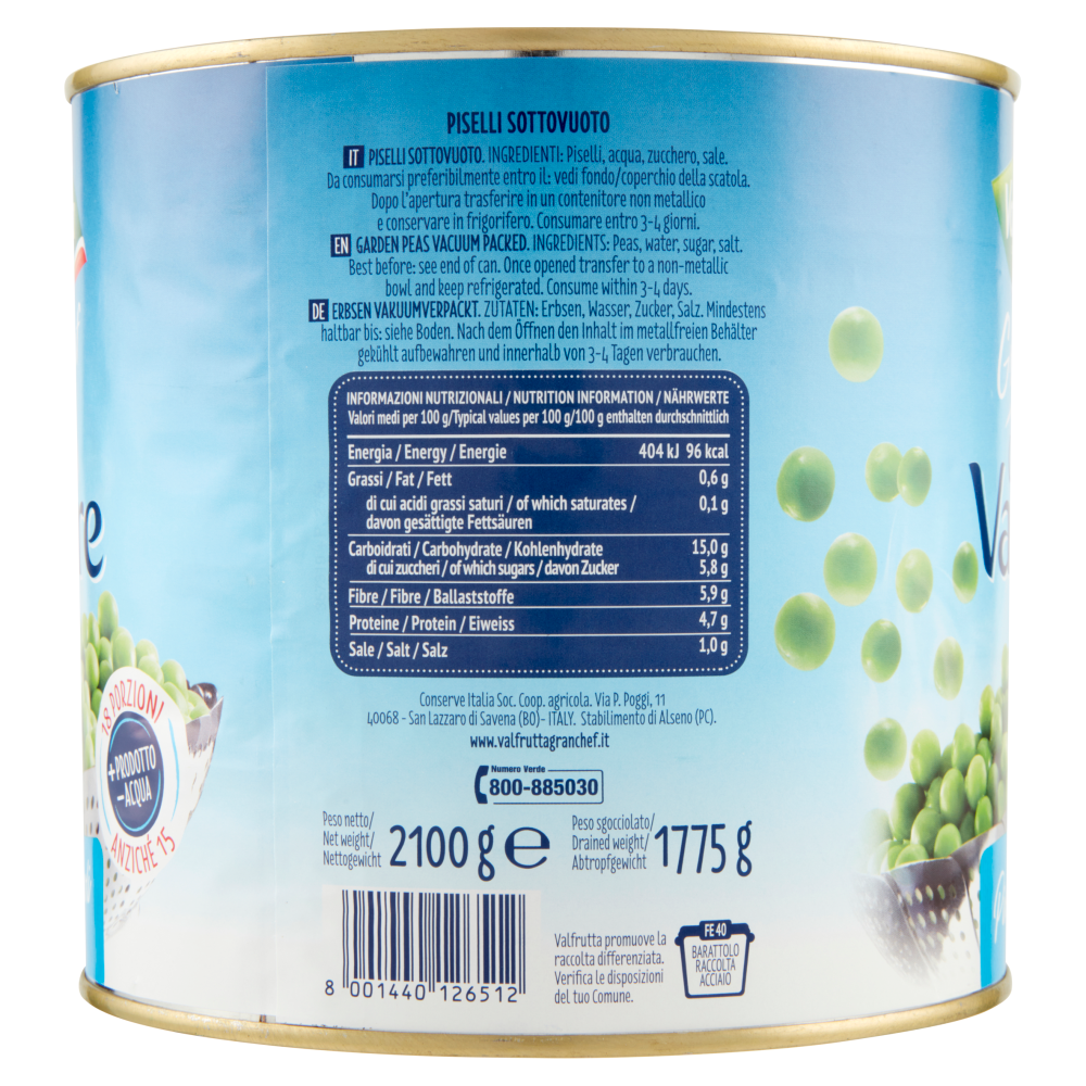 Valfrutta Granchef Cotti a Vapore Piselli Piccoli 2100 g