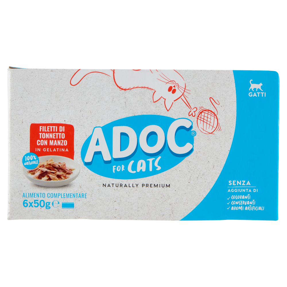 ADoC For Cats Naturally Premium Filetti di Tonnetto con Manzo in Gelatina 6 x 50 g