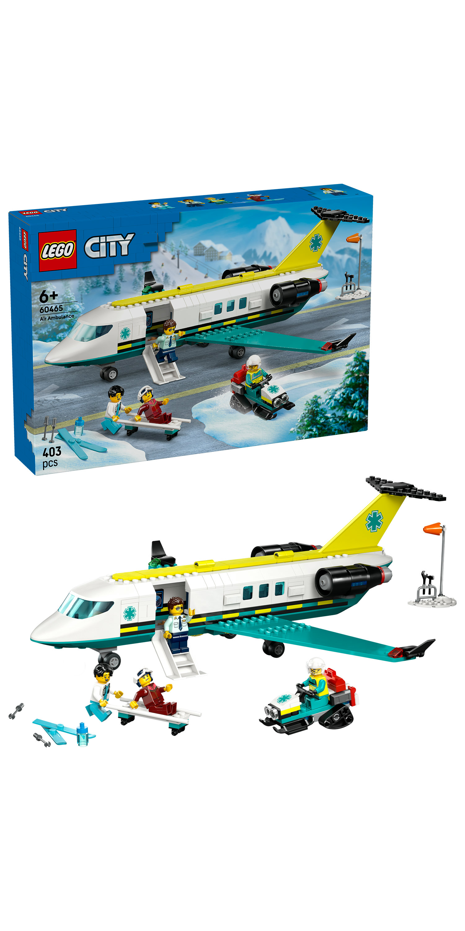 LEGO City 60465 Aereo Ambulanza di Emergenza Giocattolo con 4 Minifigure, Gatto delle Nevi e Accessori, Idea Regalo 6+ Anni
