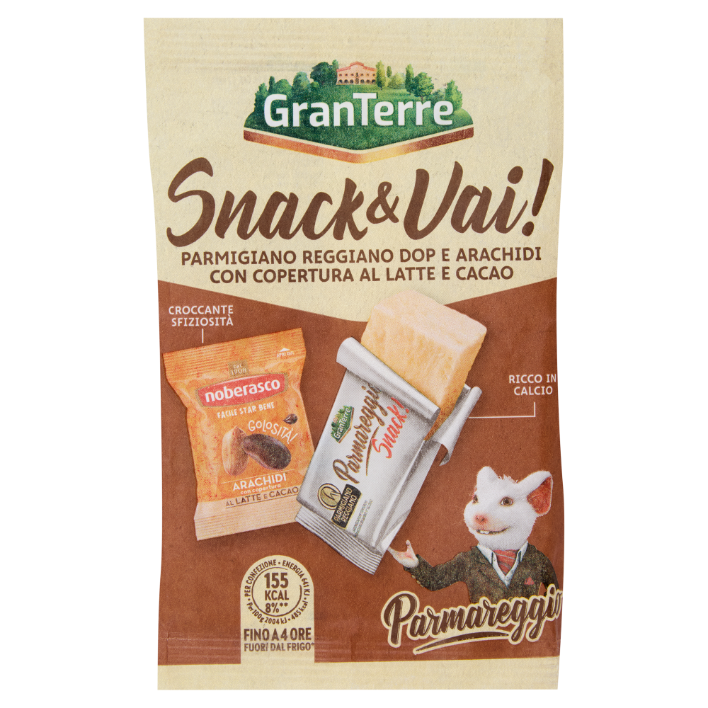 Parmareggio Snack & Vai! Parmigiano Reggiano DOP e Arachidi con Copertura al Latte e Cacao 32 g