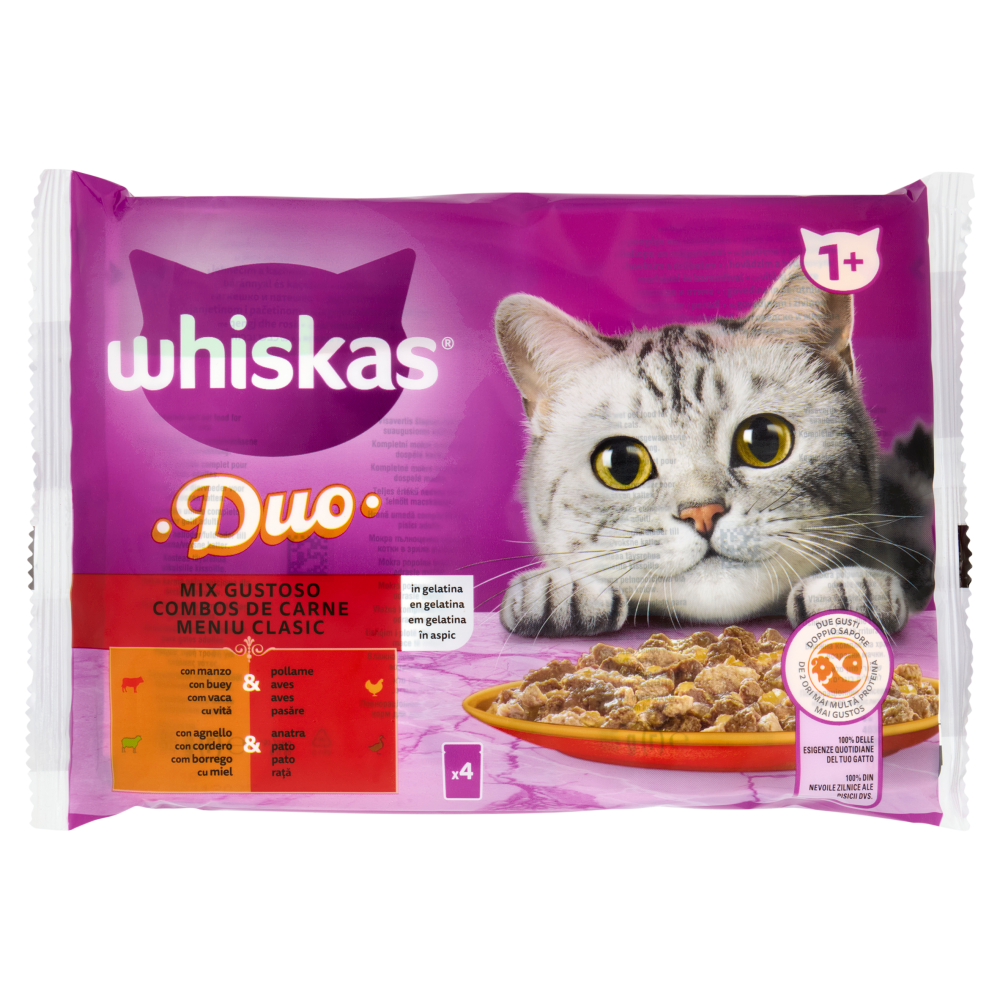 Whiskas Duo Cibo Umido Gatto Mix Gustoso in Gelatina Manzo & Pollame, Agnello & Anatra 4x85g