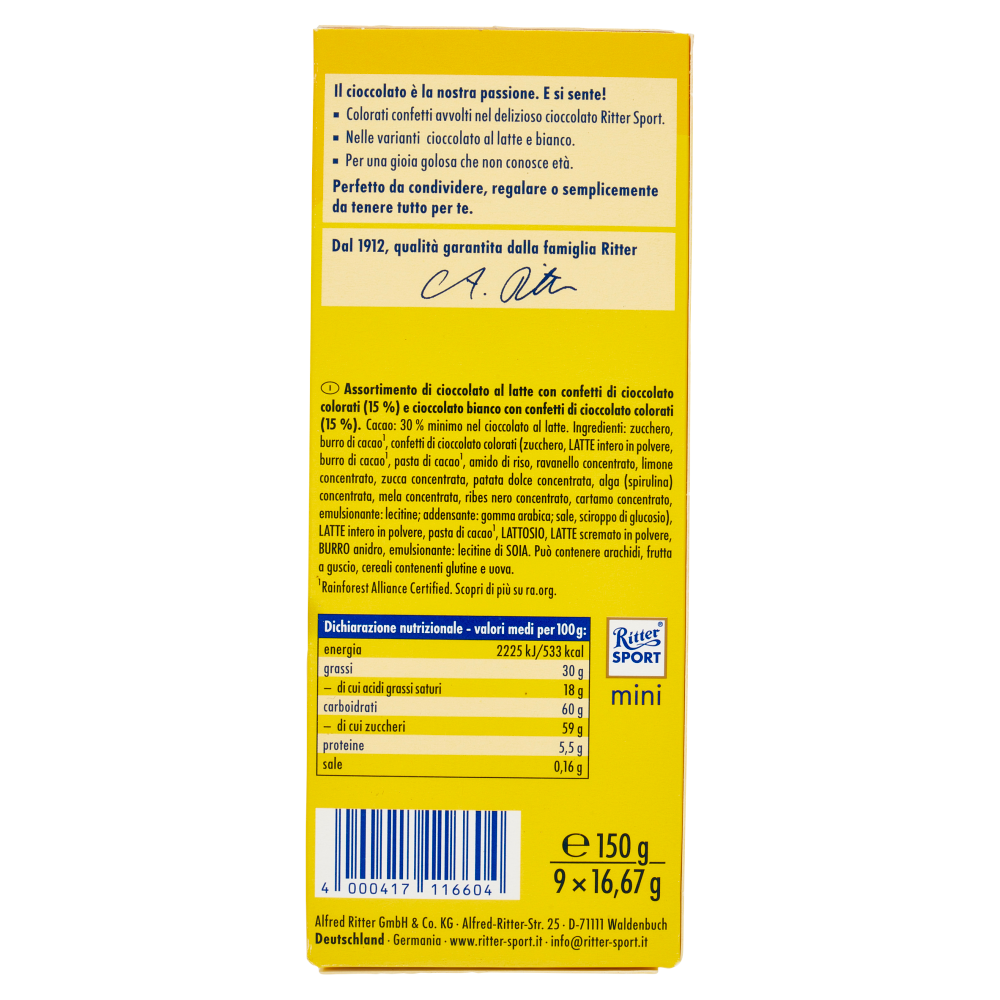 Ritter Sport mini con Confetti Colorati Milk Chocolate 5pz + White Chocolate 4 pz 9 x 16,67 g