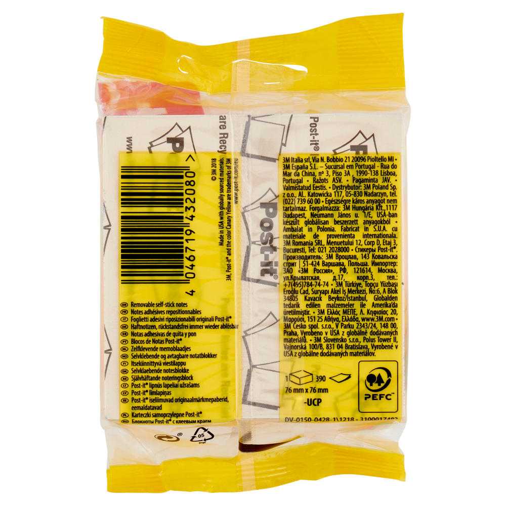 Post-it® Cubo di foglietti colori vivaci, 3 blocchetti 76 mm x 76 mm, 325 fogli + 20% gratis