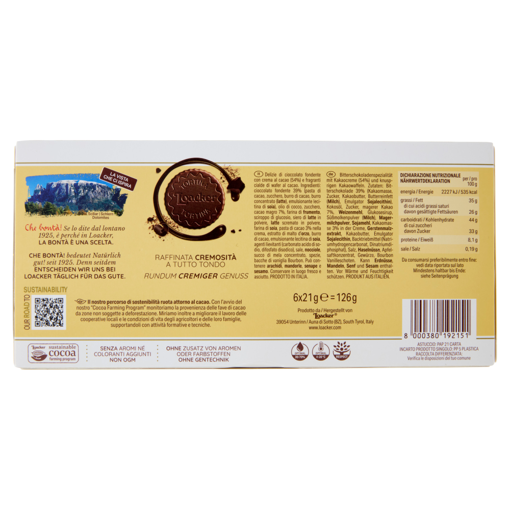 Loacker Tortina Triple Chocolate Wafer ricoperto di Cioccolato Fondente con crema al Cacao 21gx6