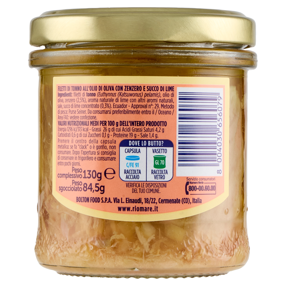 Rio mare i Filettini di Tonno Lavorati a Mano all'Olio di Oliva con Lime e Zenzero 130 g