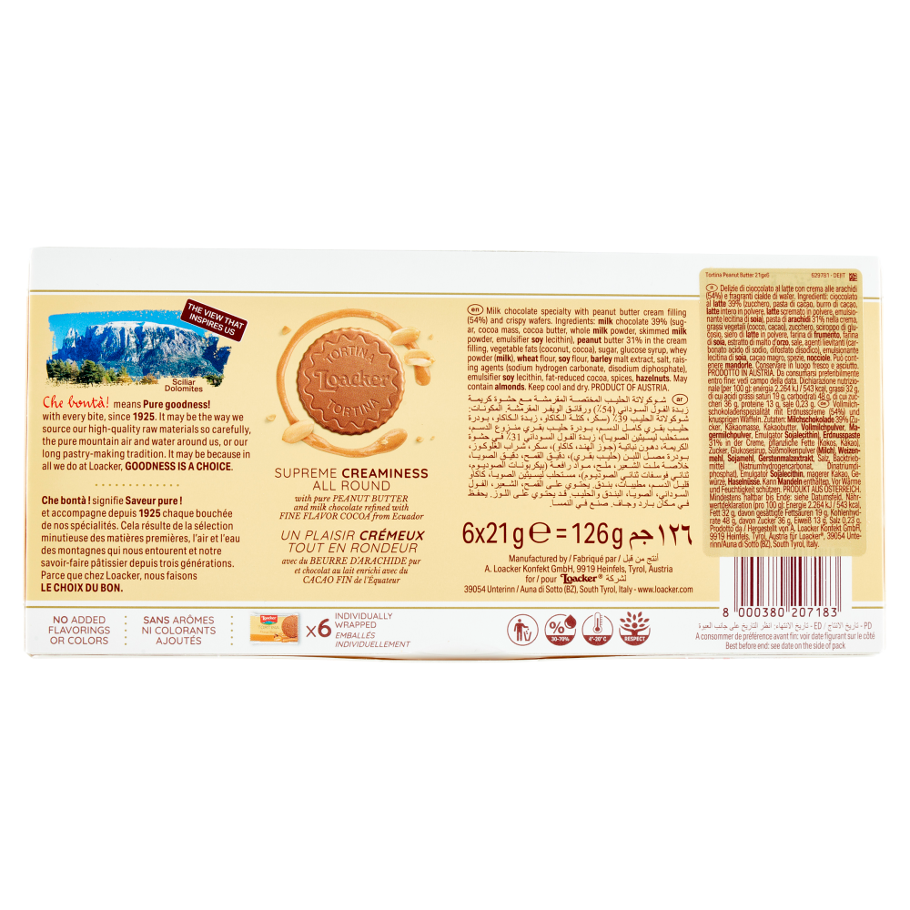 Loacker Tortina Peanut Butter Wafer ricoperto di cioccolato al latte con crema alle arachidi 21gx6