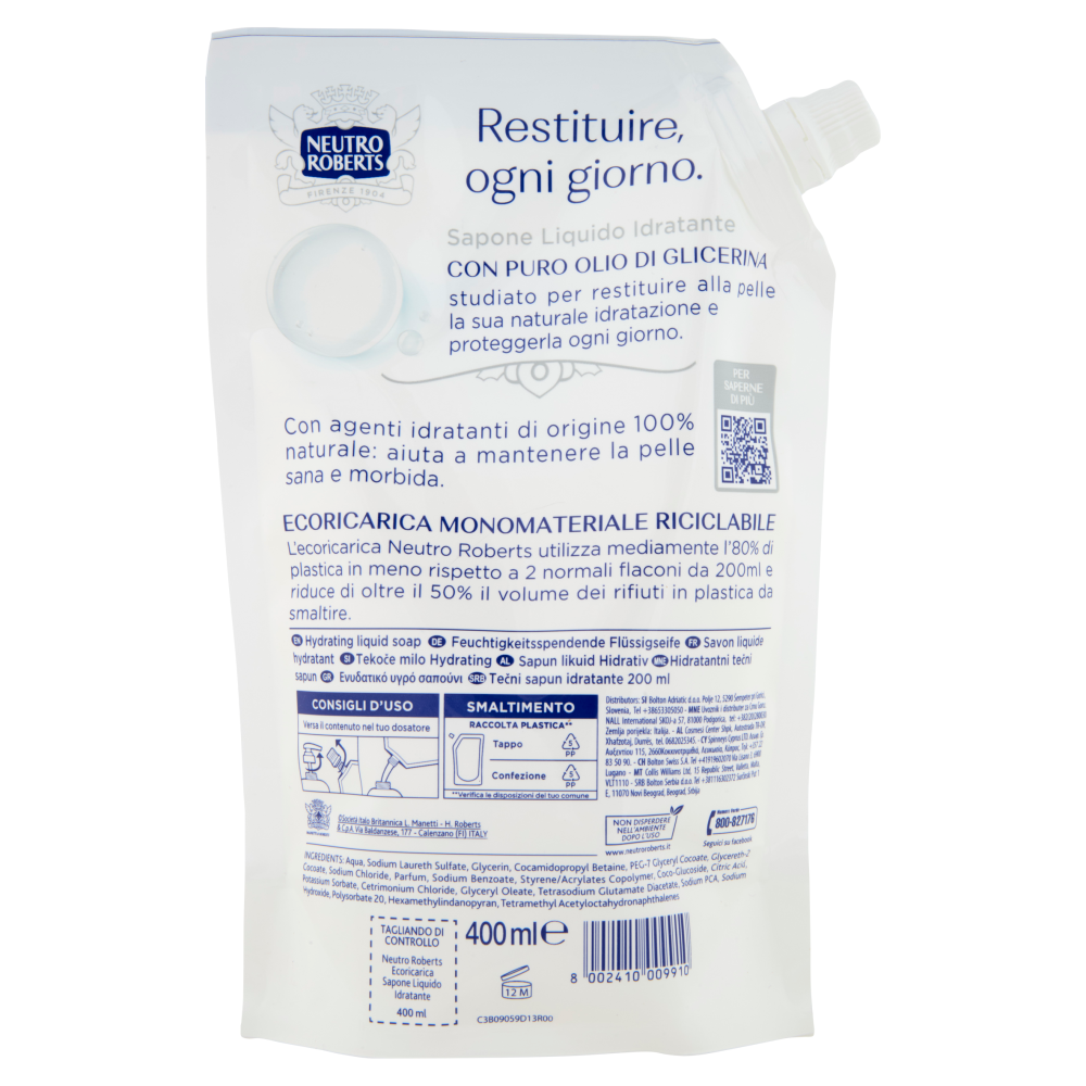 Neutro Roberts Idratante Classico Sapone Liquido Ecoricarica 400 ml