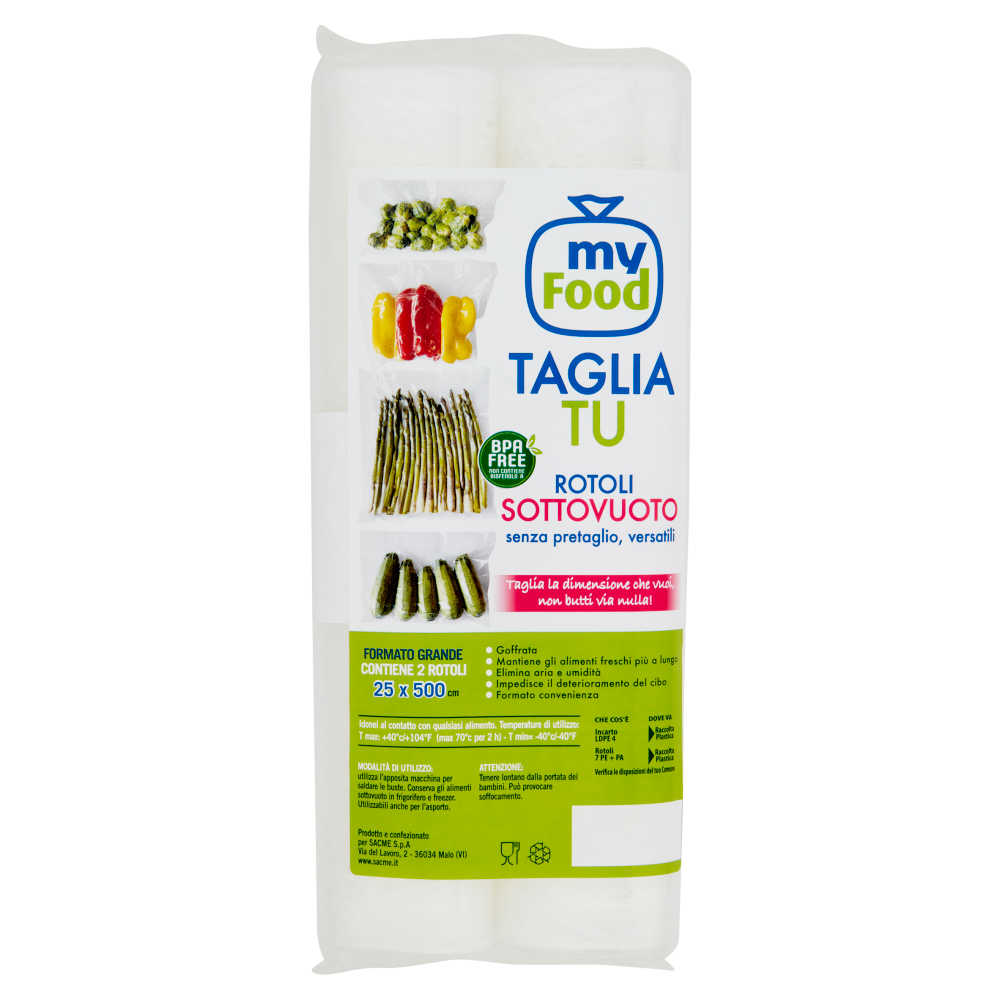 my Food Taglia tu Rotoli Sottovuoto Formato Grande 25 x 500 cm 2 pz