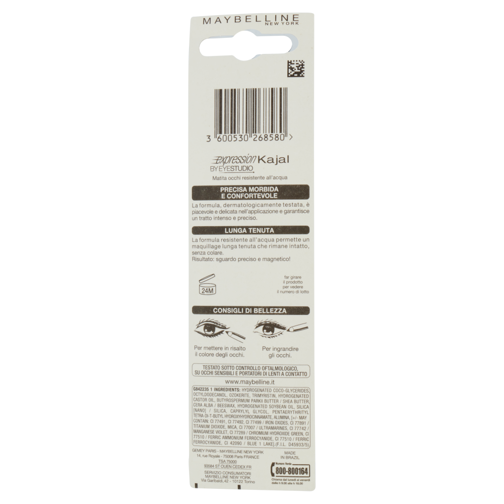 Maybelline New York Matita Occhi Expression Kajal, Tratto Morbido e Preciso, Waterproof, 33 Black