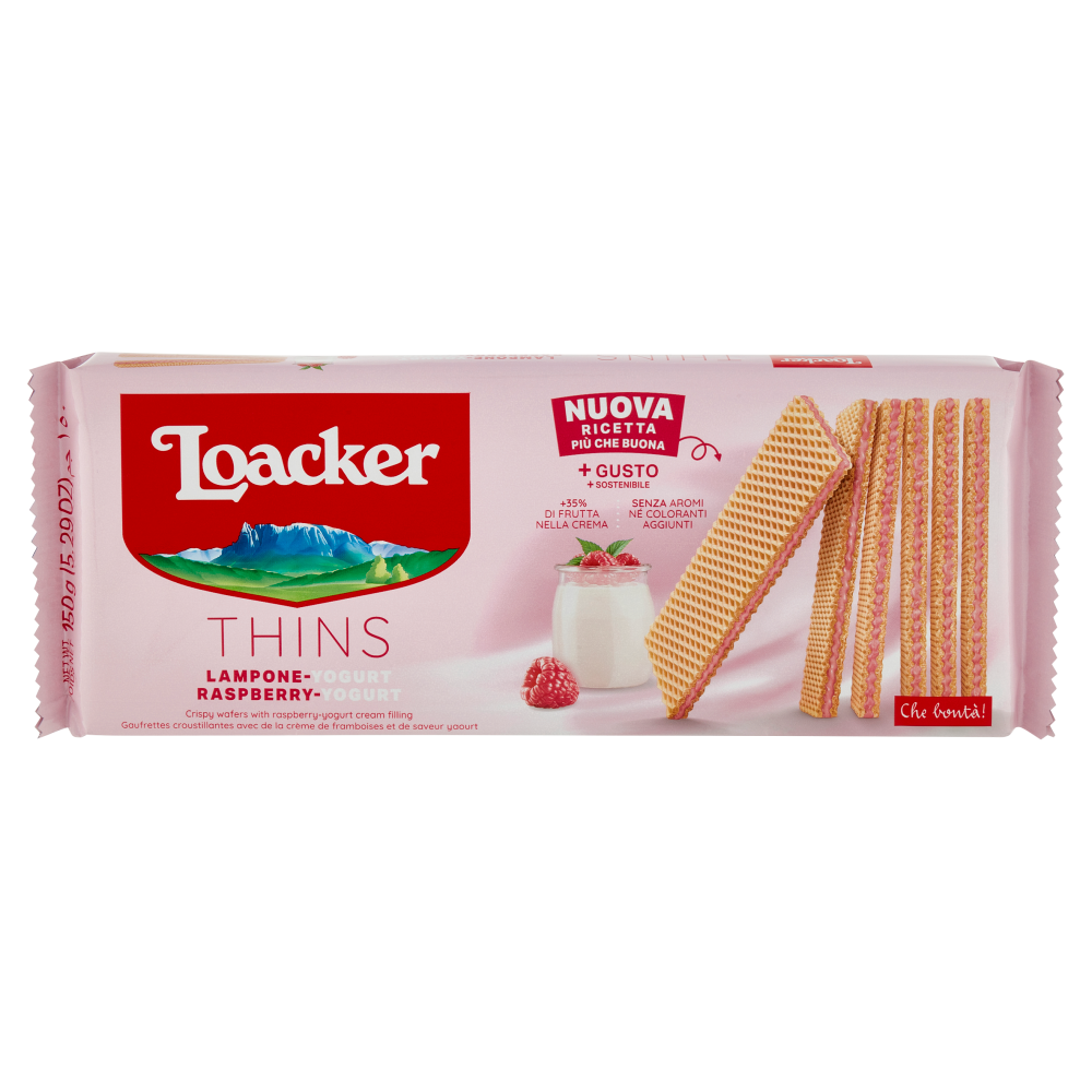 Loacker Wafer Thins Lampone Yogurt con crema ai lamponi con yogurt magro wafers 150g