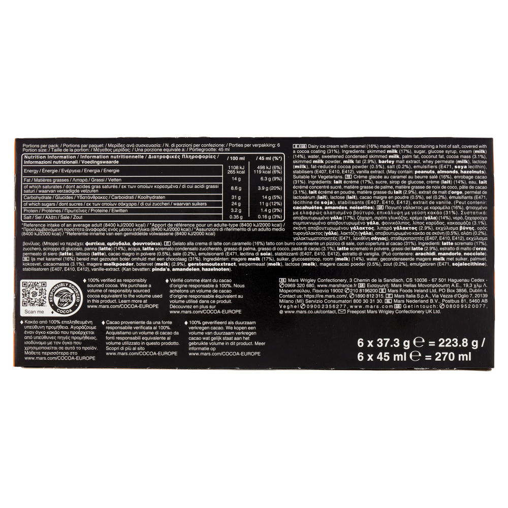 Mars Barretta Gelato al cioccolato e caramello salato, Multipack da 6 x 37.3 g