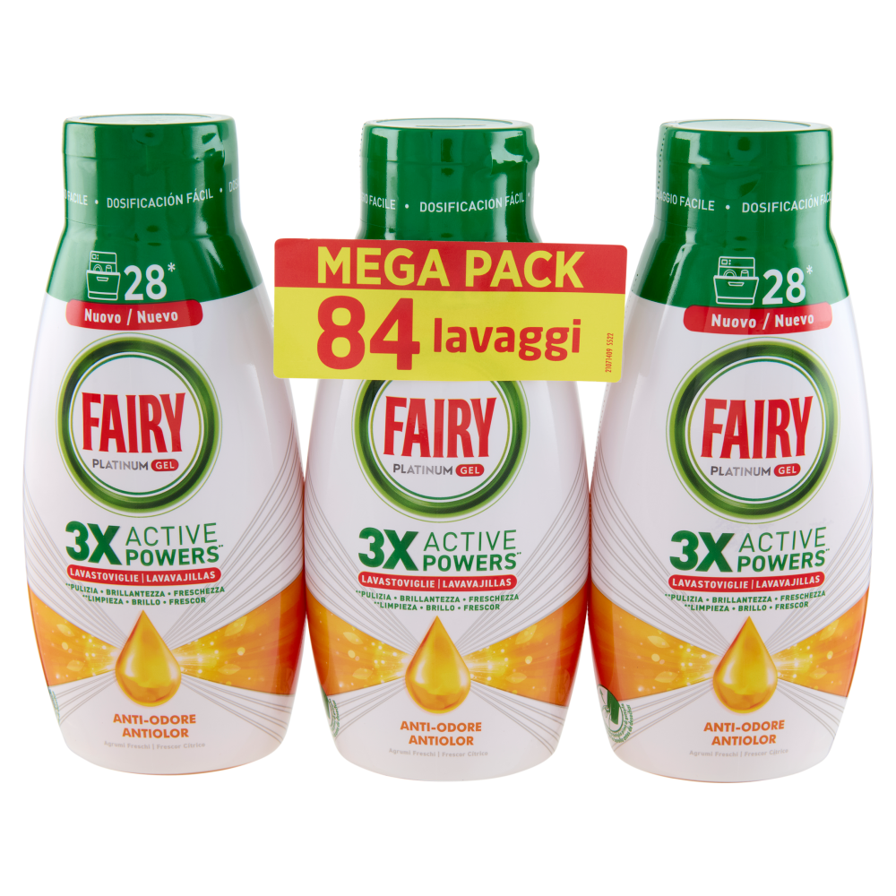 Fairy Gel Lavastoviglie Platinum Anti-Odore, Detersivo Piatti Agrumi Freschi 3x28=84 Lavaggi 3x504ml