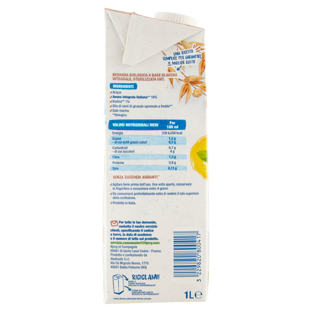 BJORG Avena Integrale Bevanda Vegetale Biologica, Senza Zuccheri Aggiunti, Prodotto in Italia, 1L