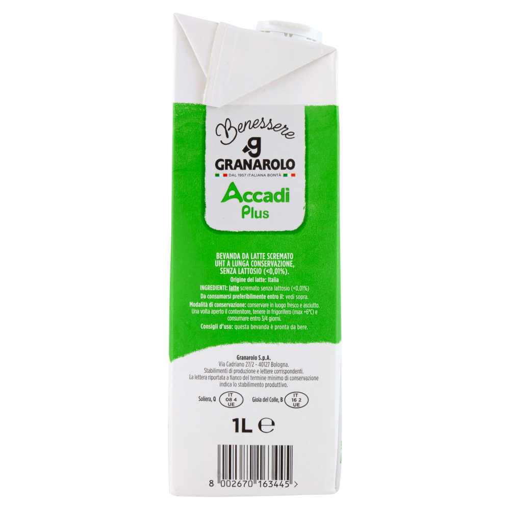 Granarolo Benessere Accadì Plus -30% di Zuccheri Senza Lattosio da Latte Senza Grassi 1 L