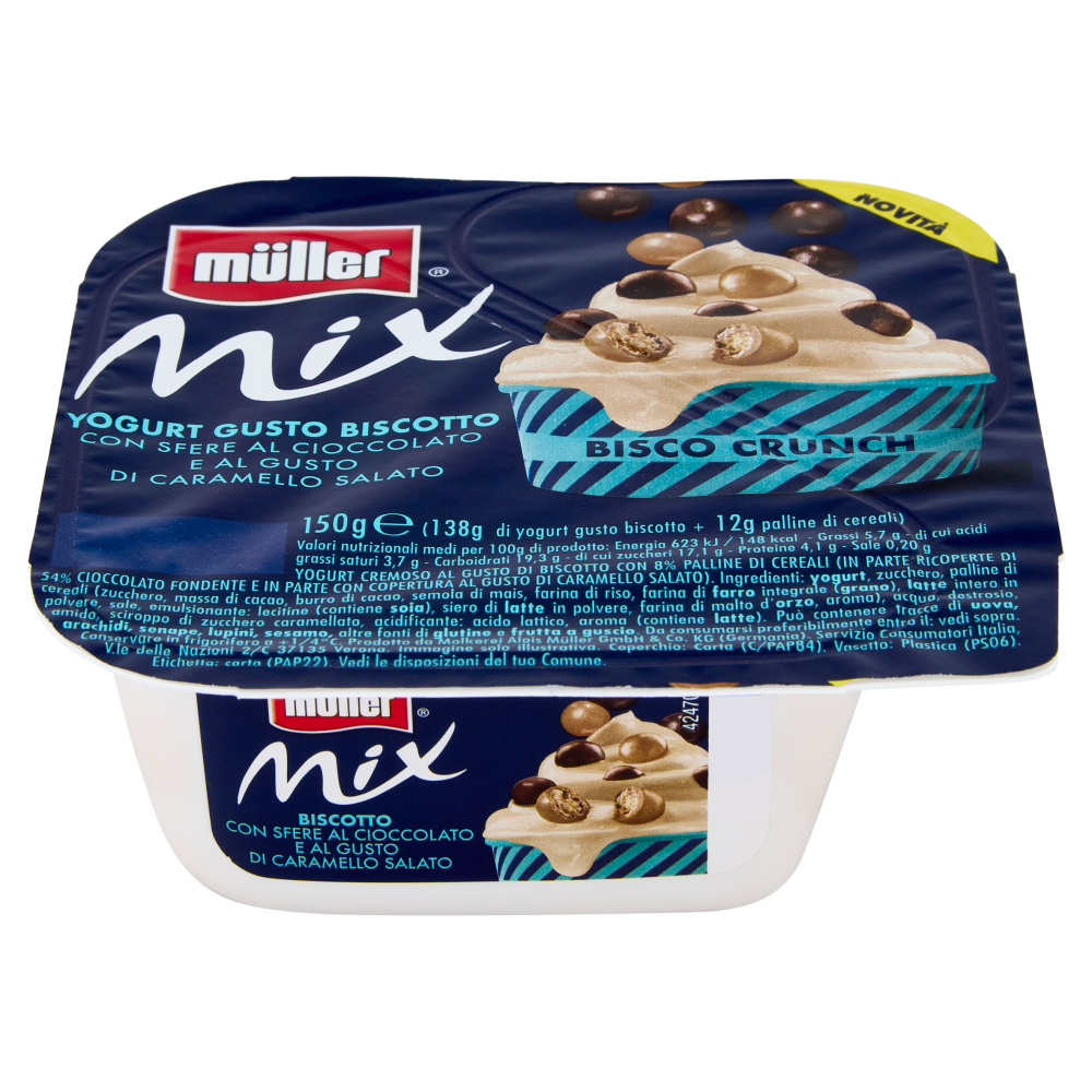 m&uuml;ller Mix Bisco Crunch Yogurt Gusto Biscotto con Sfere al Cioccolato e al Caramello Salato 150 g