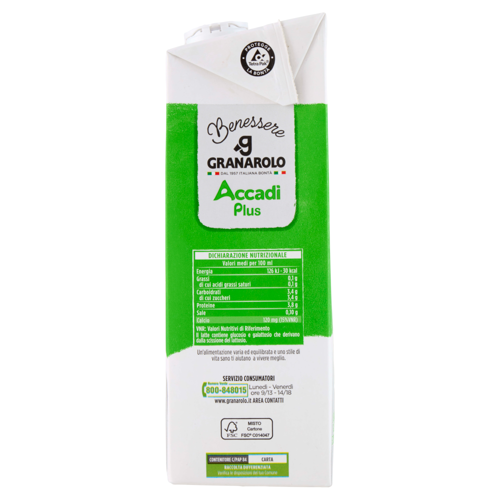 Granarolo Benessere Accadì Plus -30% di Zuccheri Senza Lattosio da Latte Senza Grassi 1 L