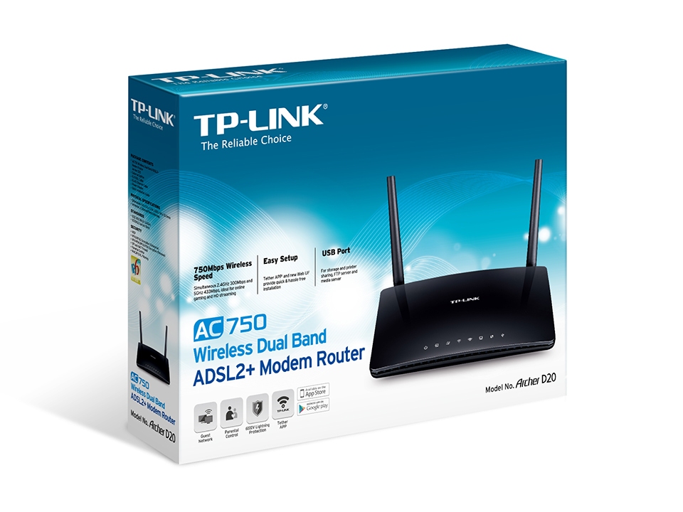 TP-Link Archer D20 AC750 router wireless Fast Ethernet Dual-band (2.4 GHz/5 GHz) Nero