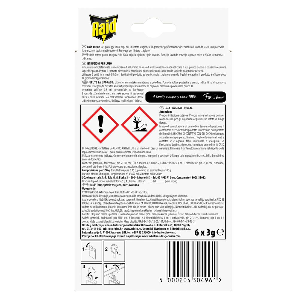 Raid Anti Tarme Gel Vestiti, Per Capi Piacevolmente Profumati, Fragranza alla Lavanda, 6 Pezzi