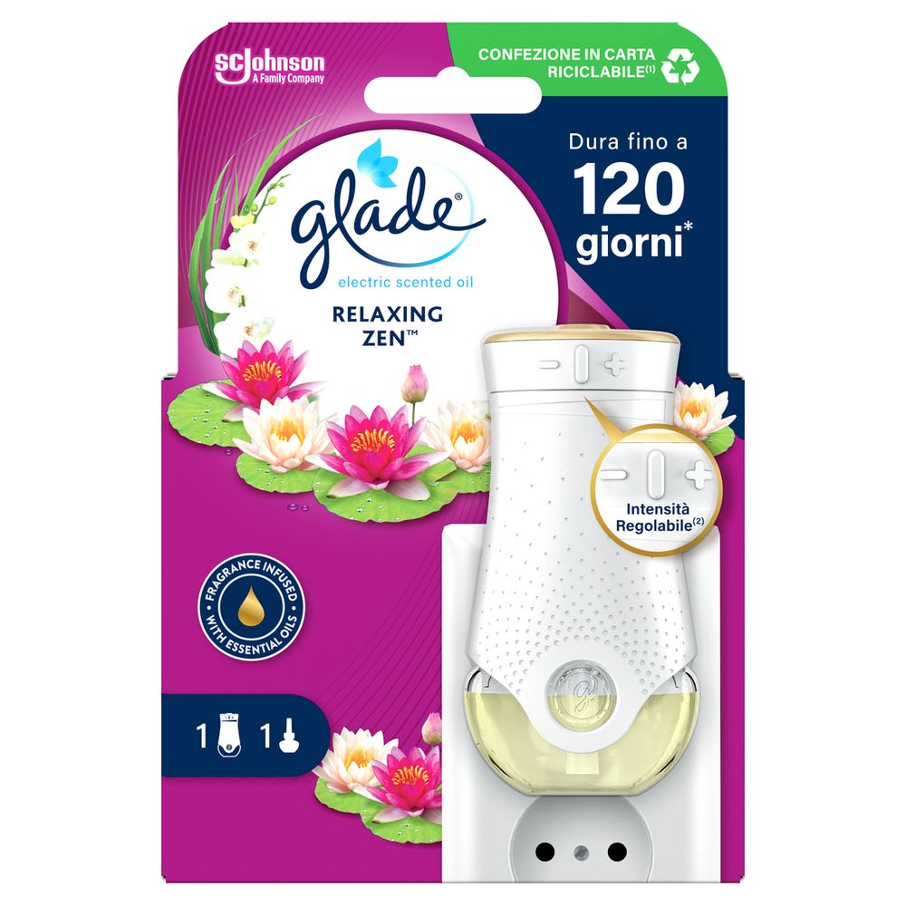 Glade liquido elettrico Profumatore per Ambienti con Olii Essenziali, Fragranza Relaxing Zen, 1 Diffusore e 1 Ricarica