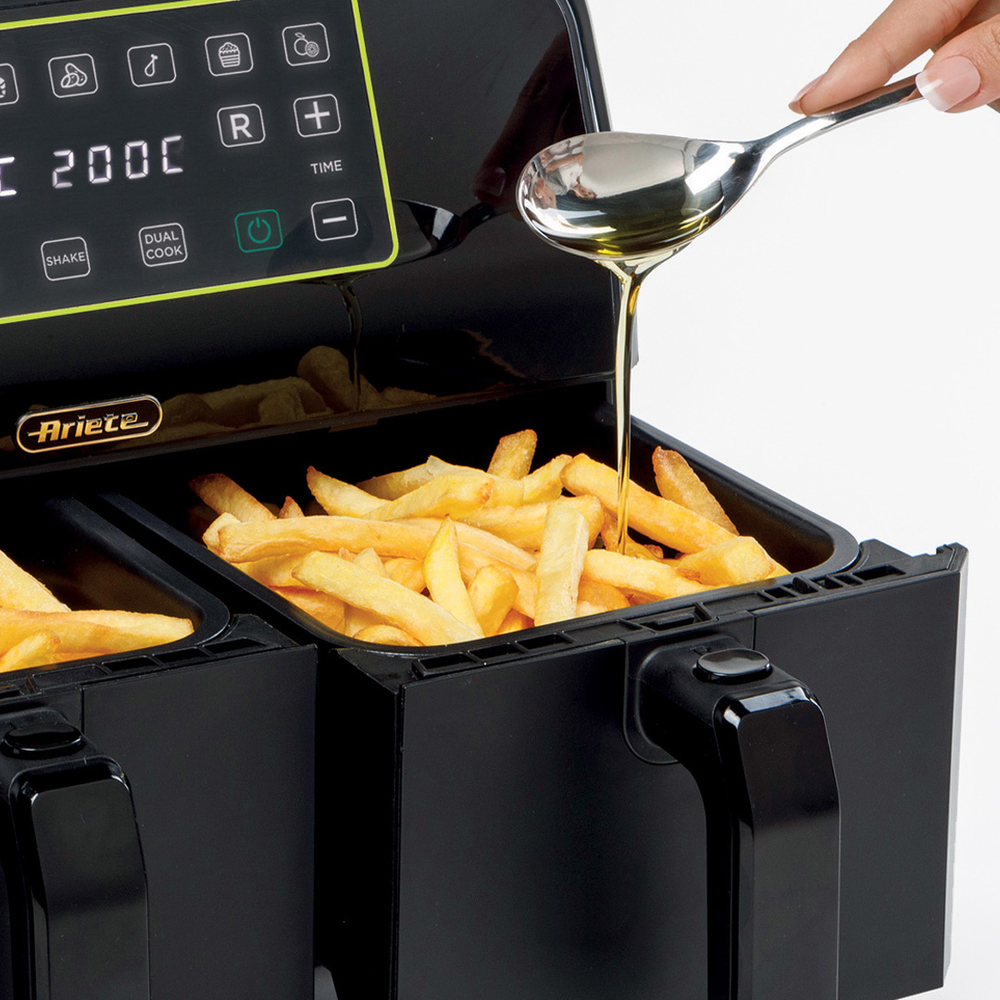 Ariete 4623 Airy Fryer Dual, Friggitrice ad aria con doppio cestello, 1700 W, Capacità 8L, 3 Funzioni di cottura, Pannello digitale LED Touch, 8 programmi preimpostati, Timer, 2 cestelli, Nero