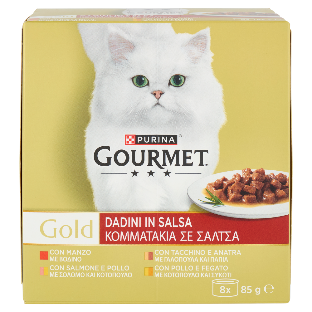 PURINA GOURMET Gold Dadini in Salsa Manzo, Salmone e Pollo, Tacchino e Anatra, Pollo e Fegato 8x85g