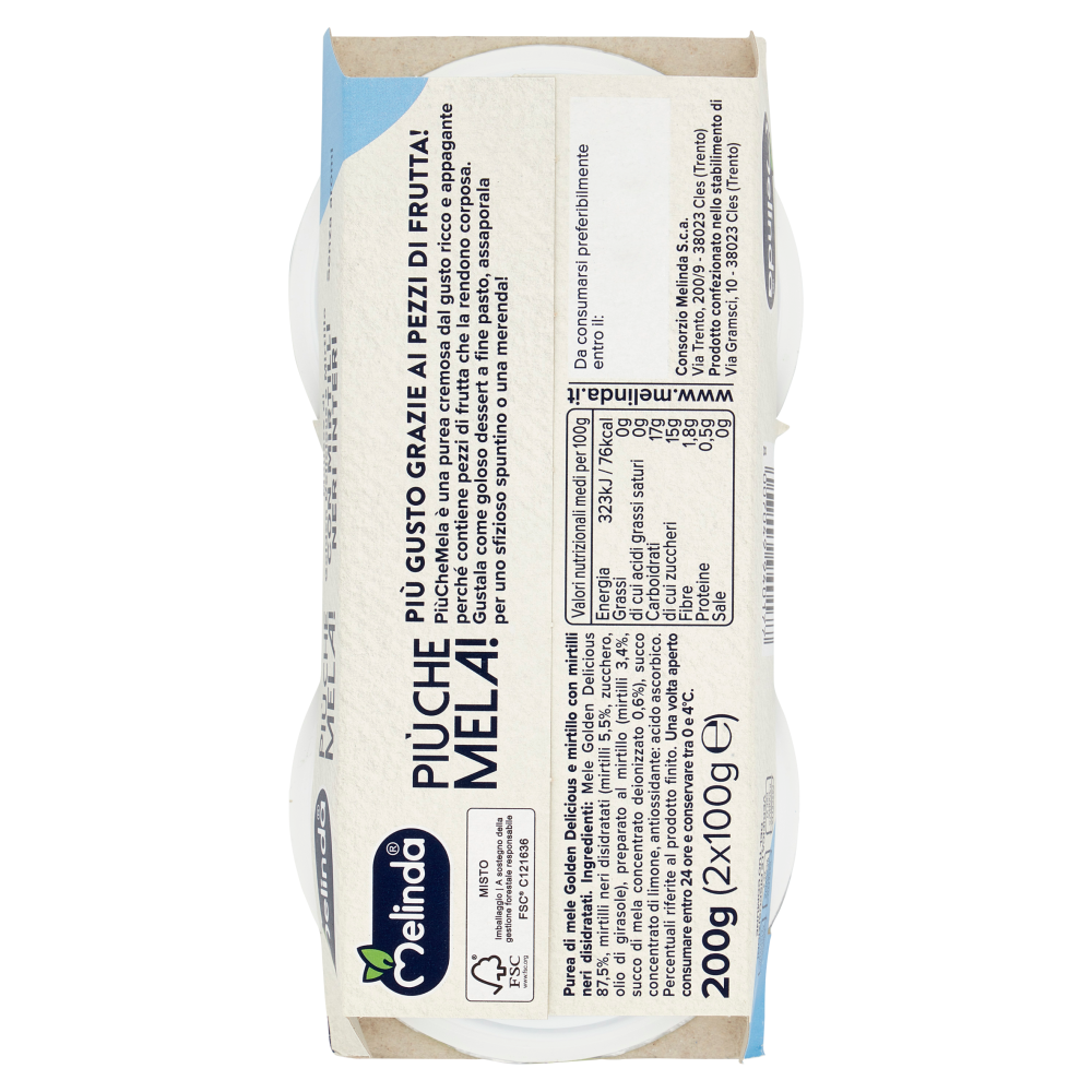 Melinda Pi&ugrave; che Mela! Mousse di Golden Delicious e Mirtillo con Mirtilli Neri Interi 2 x 100 g