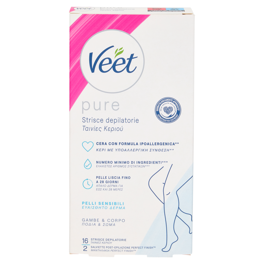 Veet Pure Strisce Depilatorie Corpo e Gambe, Ipoallergeniche, Confezione da 16 Strisce