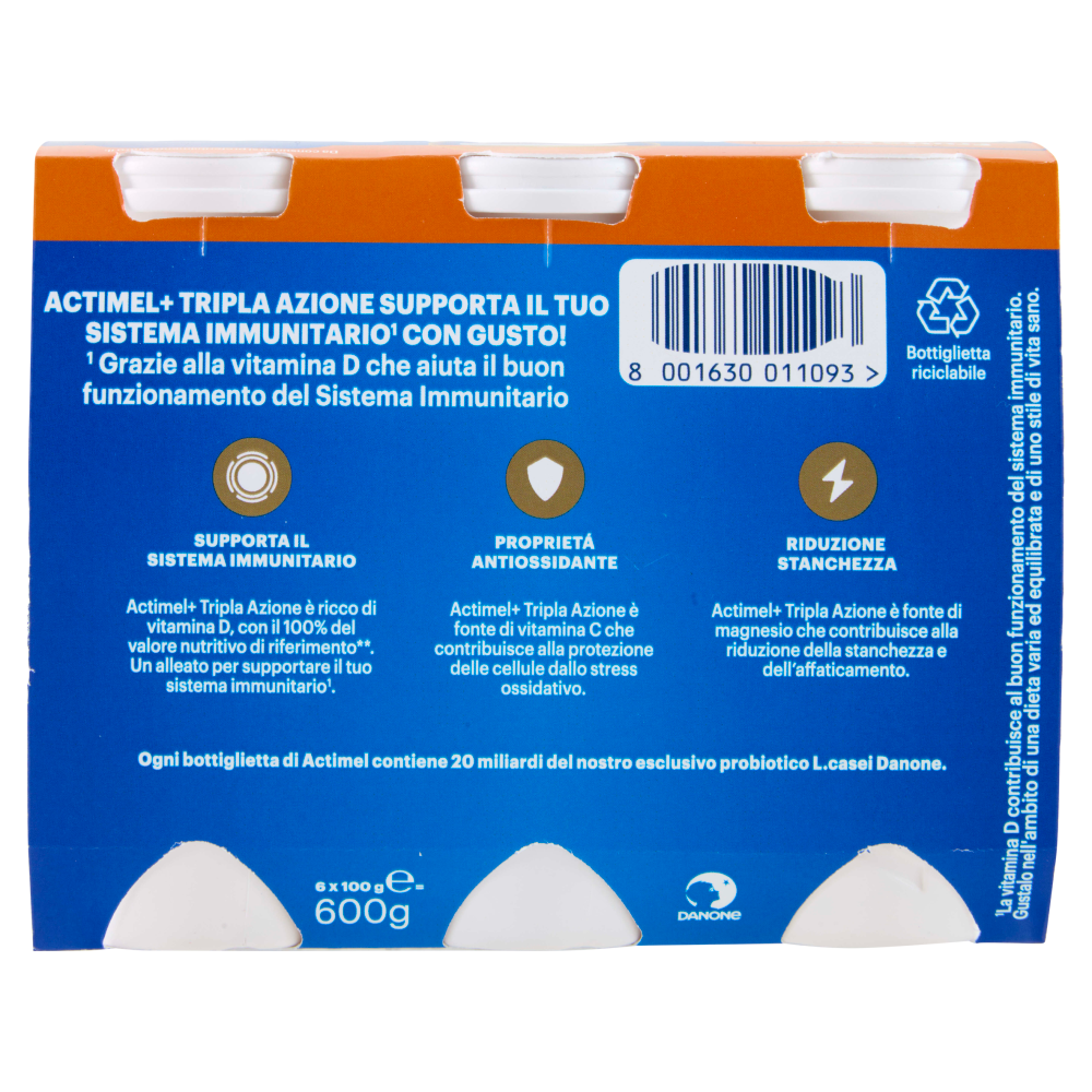 ACTIMEL Tripla Azione, Yogurt da Bere con Vitamine C, D e Magnesio, gusto Frutta mix, 6x100g