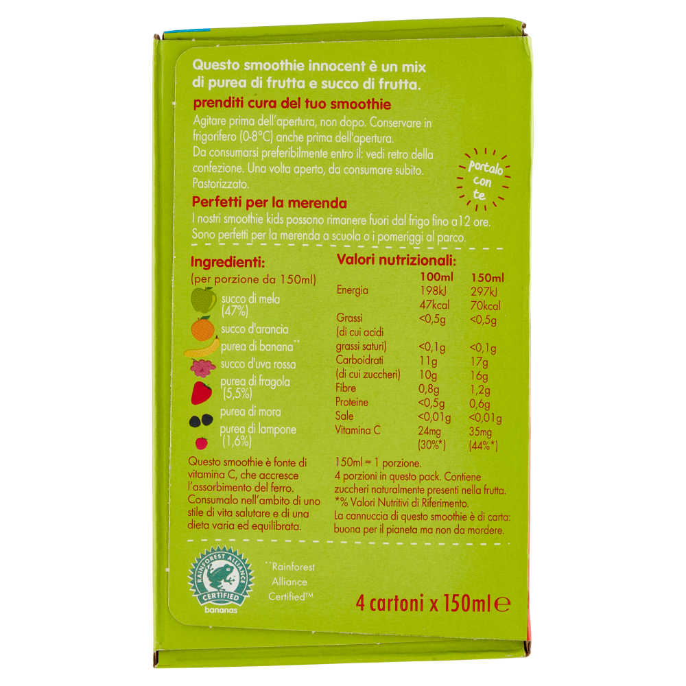 innocent smoothies kids fragola, lampone & mela 4 x 150 ml