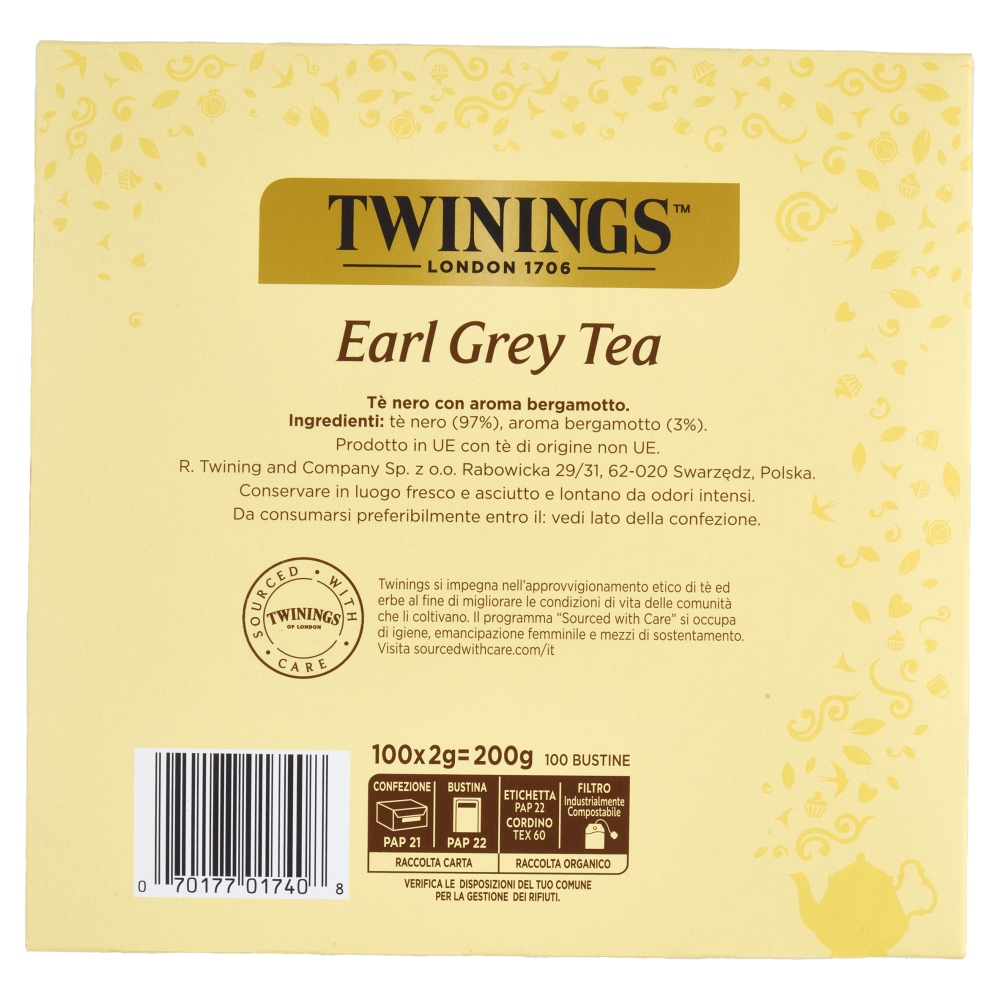 Twinings Earl Grey T&egrave; Nero al sapore di Bergamotto 100 filtri The 200 g