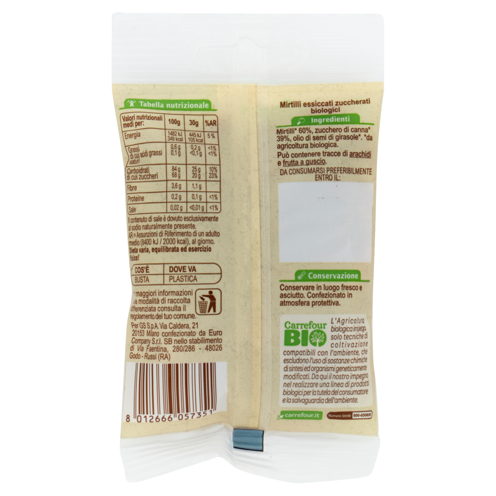 Carrefour Bio Mirtilli essiccati zuccherati biologici 30 g