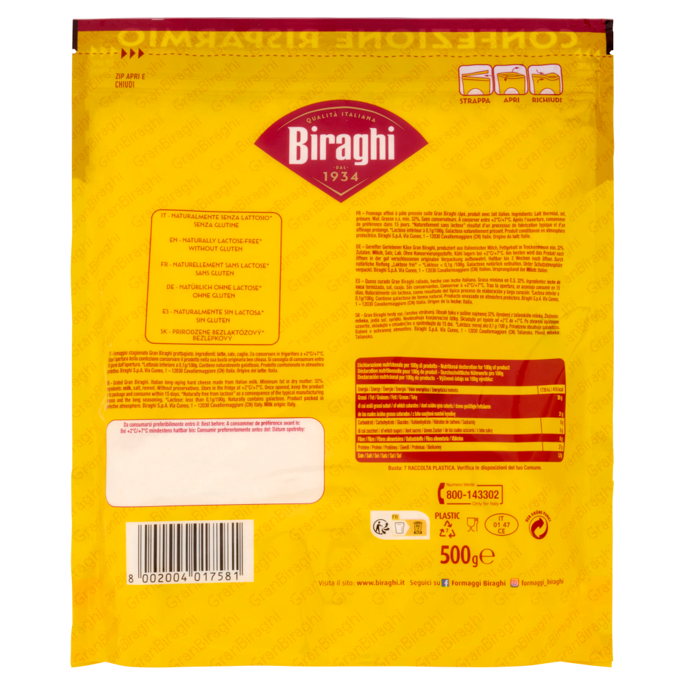 Biraghi Gran Biraghi Formaggio Stagionato Grattugiato Fresco 500 g