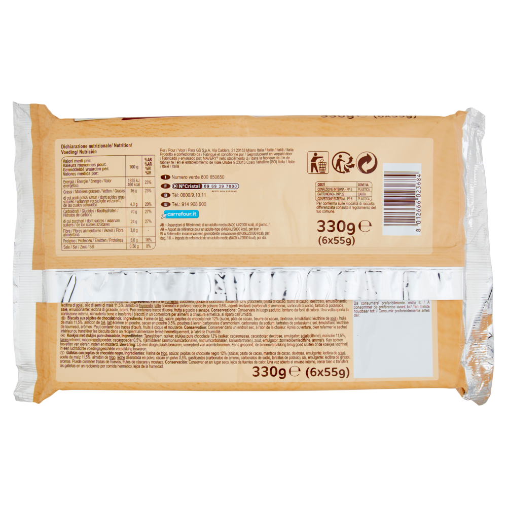 Carrefour Original Biscotti Petit con Gocce di Cioccolato 6 x 55 g