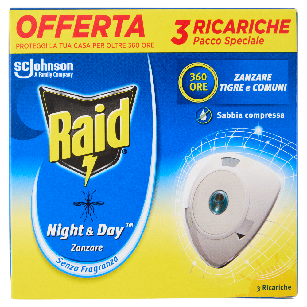 Raid Night & Day Zanzare Ricarica Tripla, 3 Ricariche, Senza Fragranza