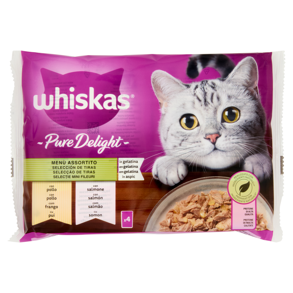 Whiskas Pure Delight Cibo Umido Gatto Men&ugrave; Assortito in Gelatina con Pollo e Salmone 4x85g