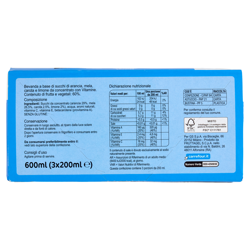 Carrefour Classic Bevanda Senza Zuccheri Aggiunti* ACE con Mela 3 x 200 ml