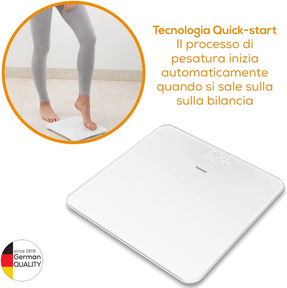 Beurer GS 225, Bilancia Pesapersone in Vetro con Display LED Magic, Colore Bianco